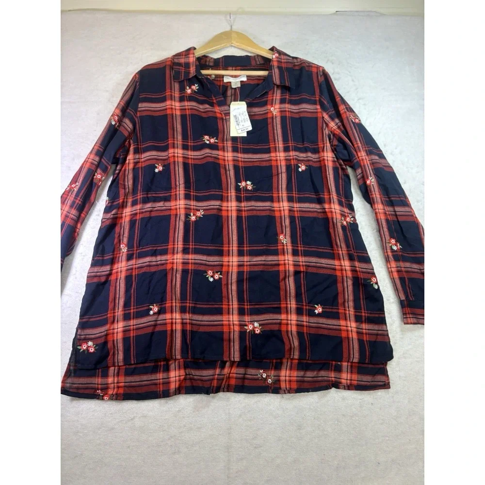 Christopher & Banks Women's Plaid Embroidered L/SL Shirt Size XL Navy/Red NWT
